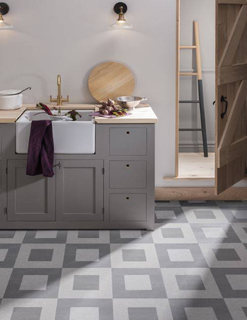 grey shades square pattern LVT flooring in bathroom